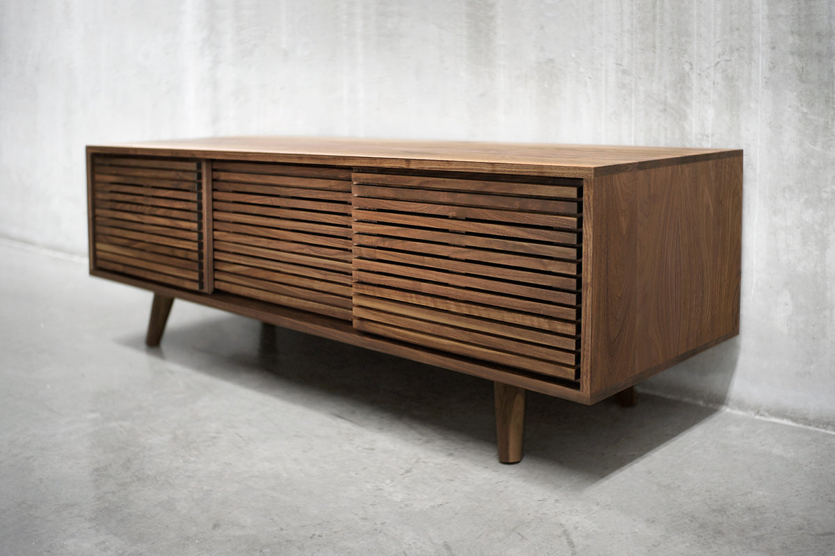 Solid Black Walnut Media Credenza with Three Slatted Doors