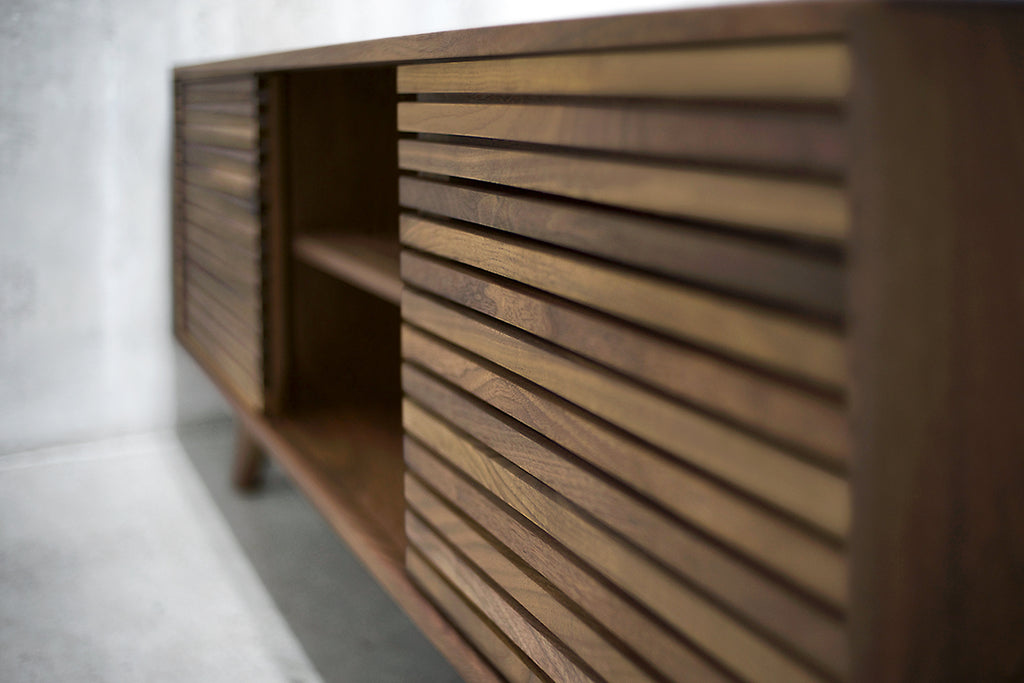 Solid Black Walnut Media Credenza with Three Slatted Doors