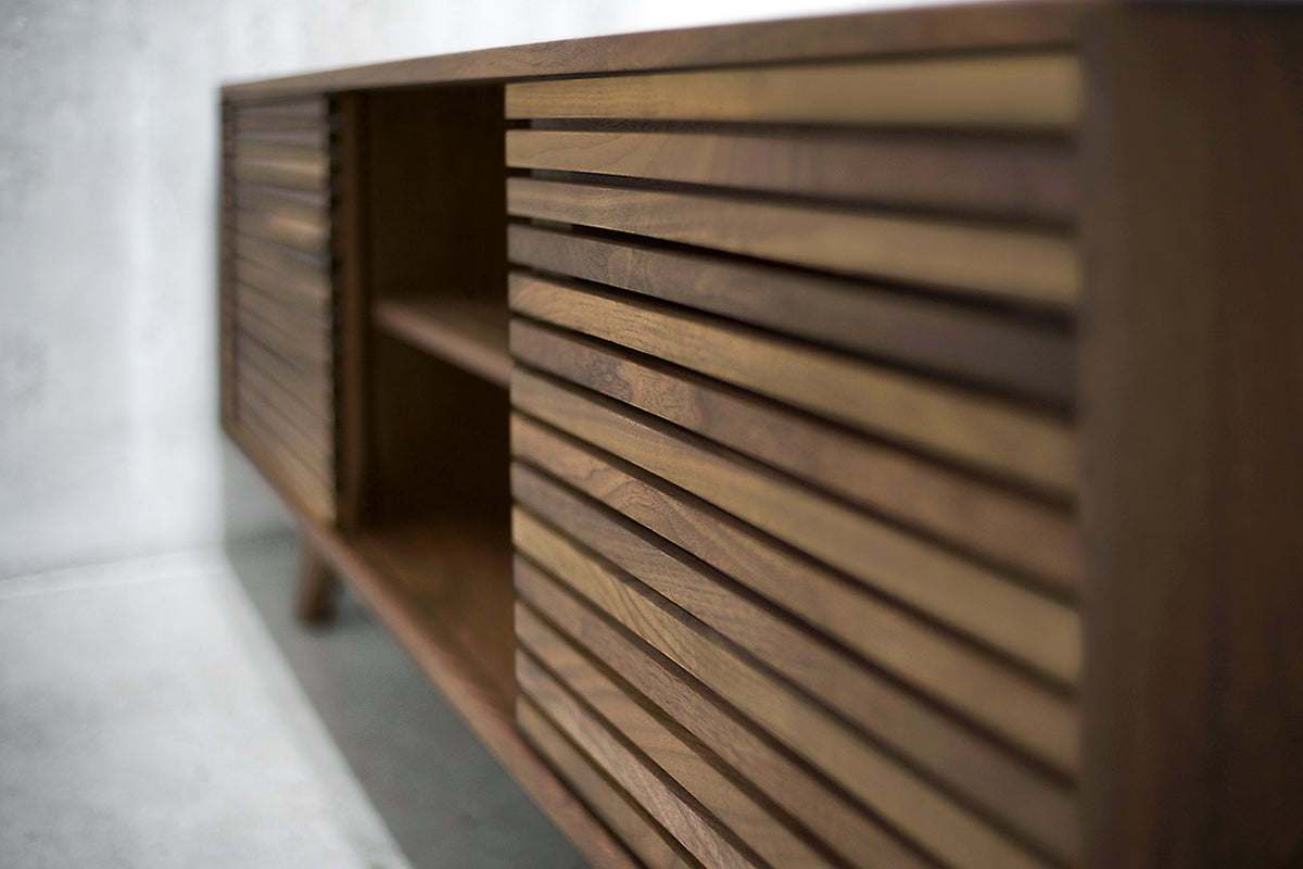 Solid Black Walnut Media Credenza with Three Slatted Doors