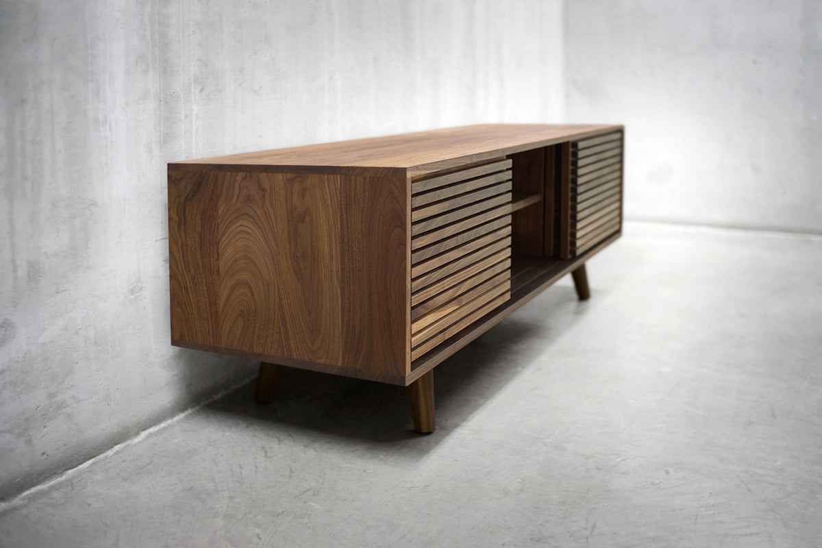 Solid Black Walnut Media Credenza with Three Slatted Doors
