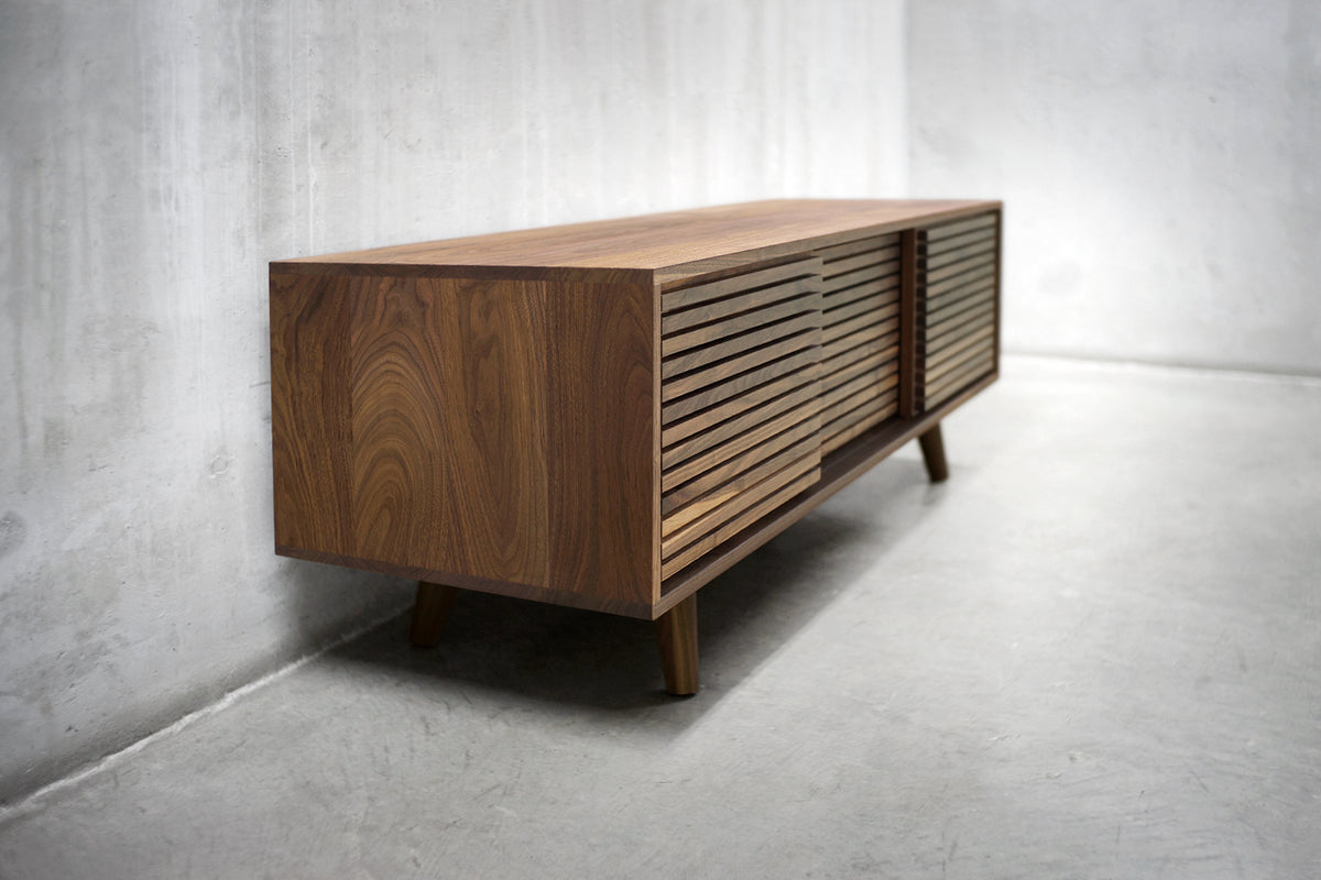Solid Black Walnut Media Credenza with Three Slatted Doors