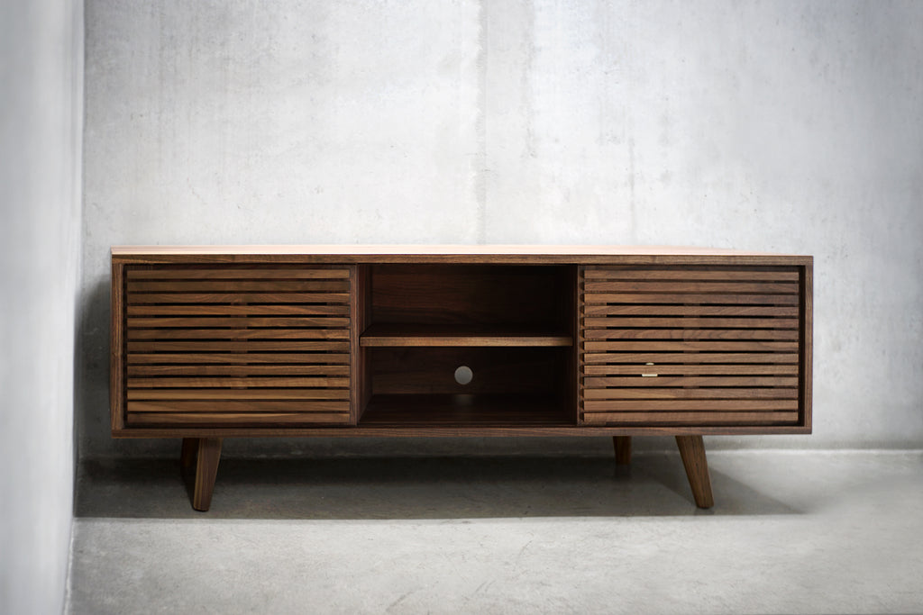 Solid Black Walnut Media Credenza with Three Slatted Doors