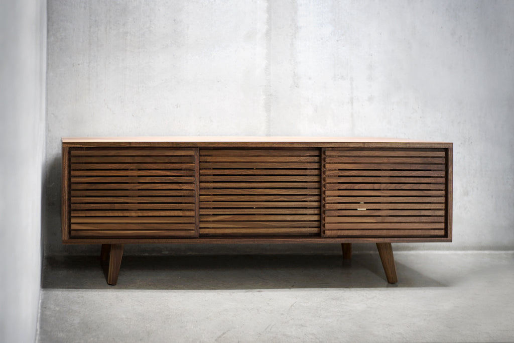 Solid Black Walnut Media Credenza with Three Slatted Doors