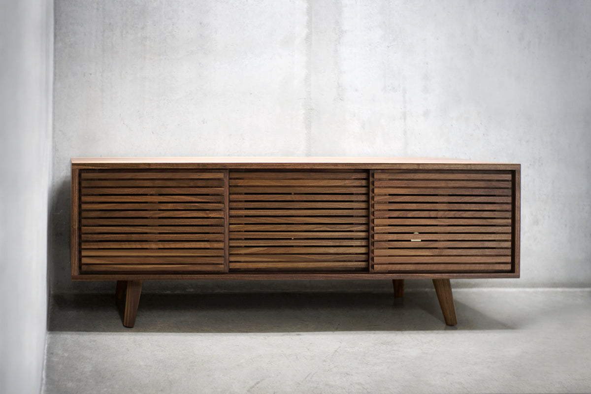 Solid Black Walnut Media Credenza with Three Slatted Doors