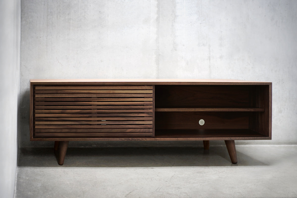 Solid Black Walnut Media Credenza with Two Slatted Doors