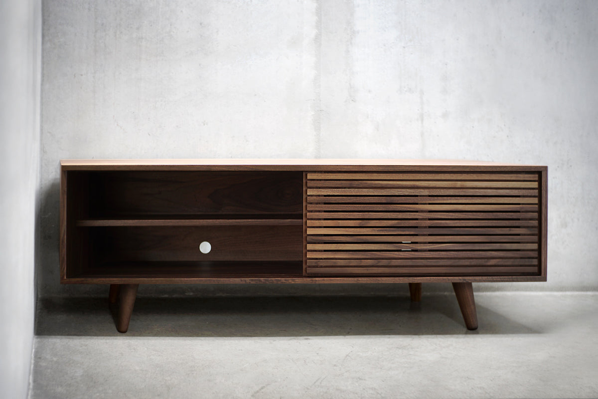 Solid Black Walnut Media Credenza with Two Slatted Doors