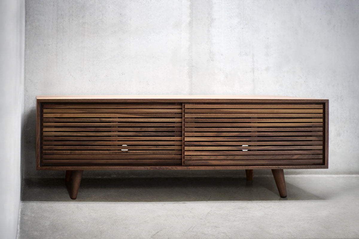 Solid Black Walnut Media Credenza with Two Slatted Doors