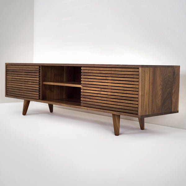 Solid Black Walnut Media Credenza with Three Slatted Doors