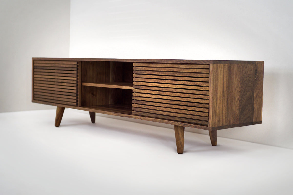 Solid Black Walnut Media Credenza with Three Slatted Doors