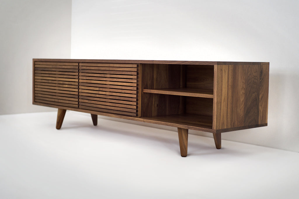 Solid Black Walnut Media Credenza with Three Slatted Doors