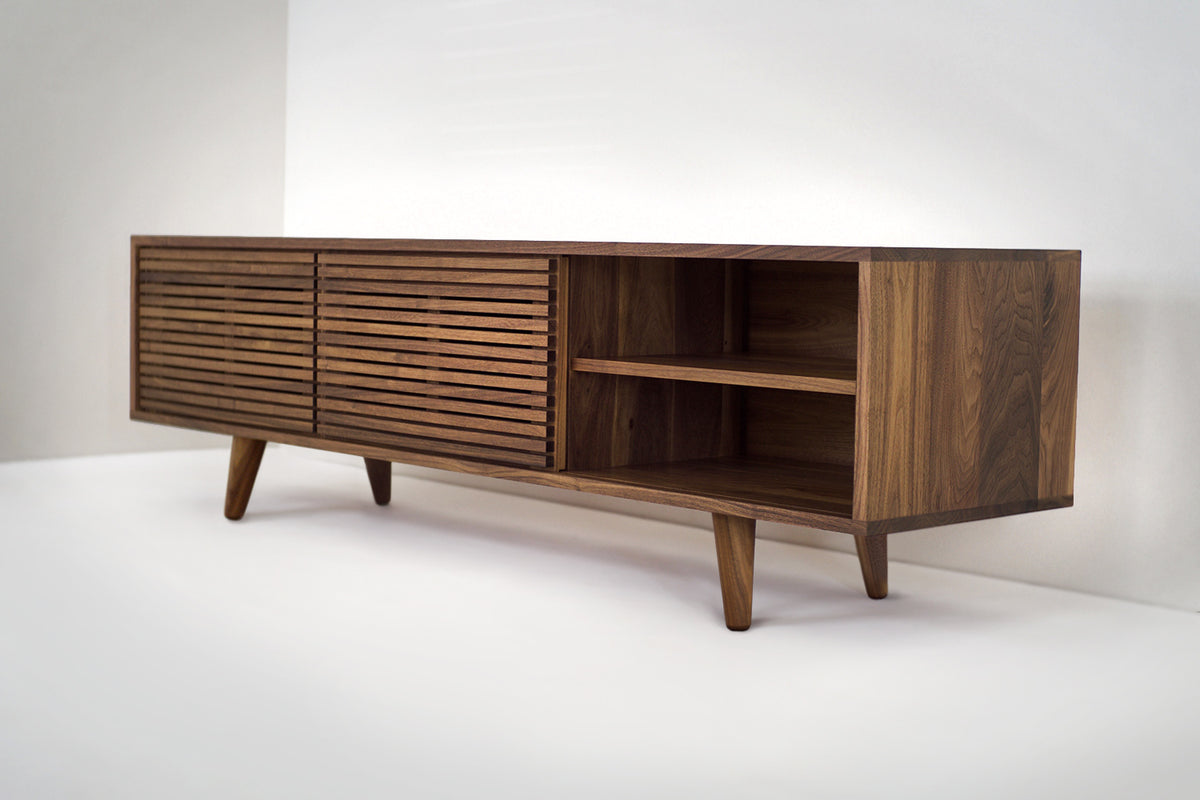 Solid Black Walnut Media Credenza with Three Slatted Doors