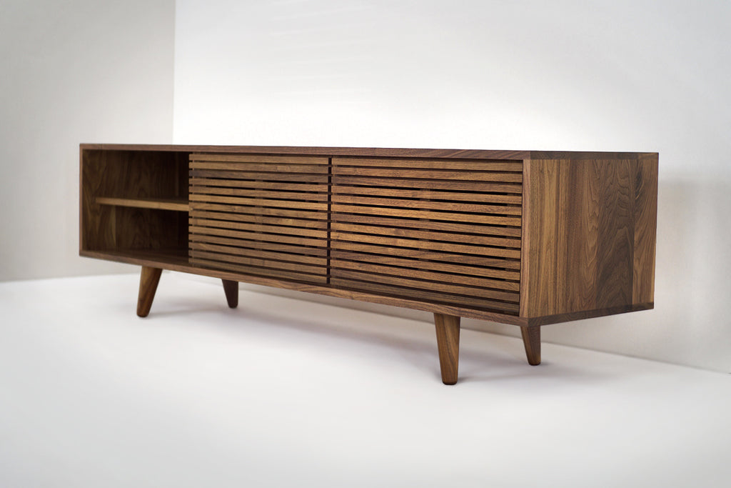 Solid Black Walnut Media Credenza with Three Slatted Doors