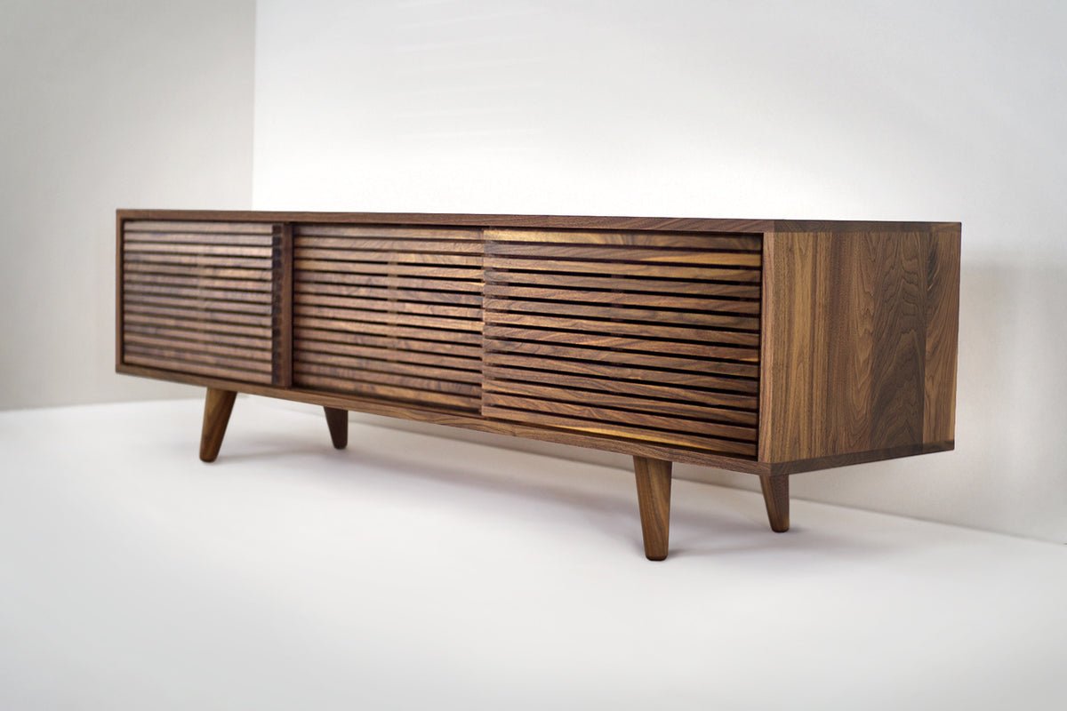 Solid Black Walnut Media Credenza with Three Slatted Doors