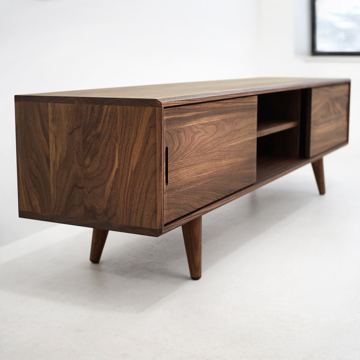 Solid Black Walnut Beveled Edge TV Stand with a Center Shelf
