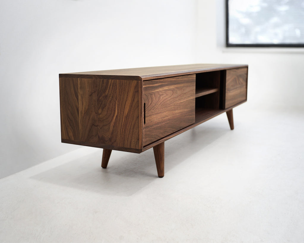 Solid Black Walnut Beveled Edge TV Stand with a Center Shelf