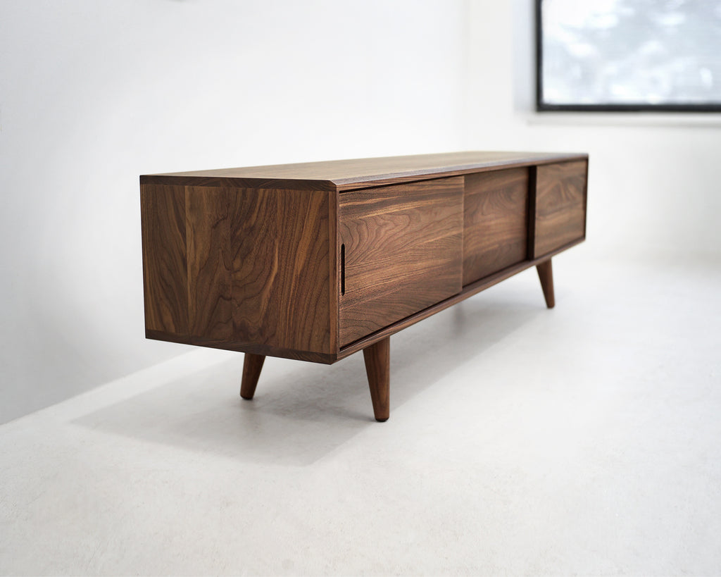 Solid Black Walnut Beveled Edge TV Stand with a Center Shelf