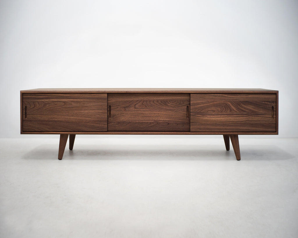 Solid Black Walnut Beveled Edge TV Stand with a Center Shelf