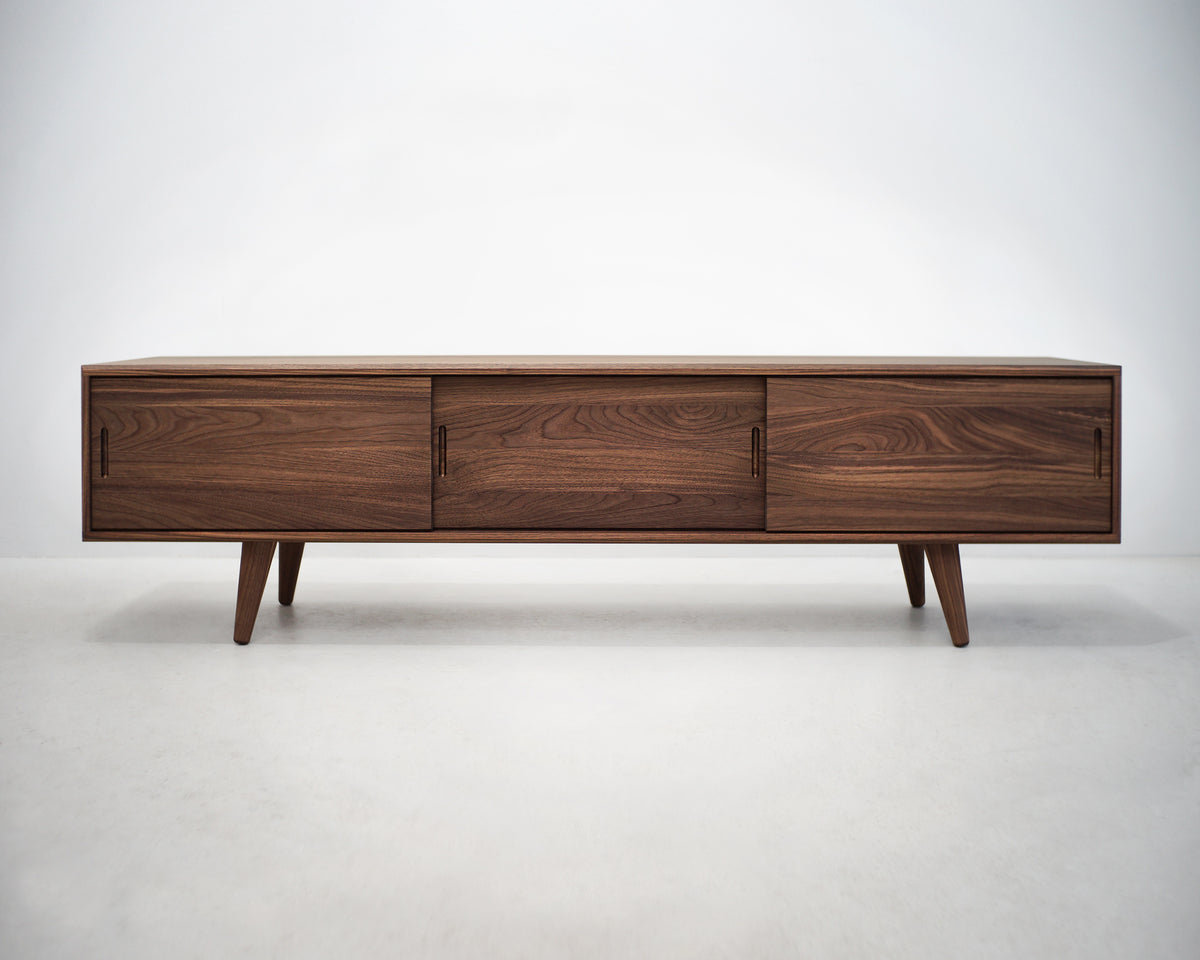 Solid Black Walnut Beveled Edge TV Stand with a Center Shelf