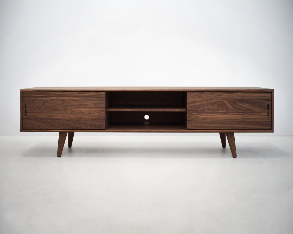 Solid Black Walnut Beveled Edge TV Stand with a Center Shelf