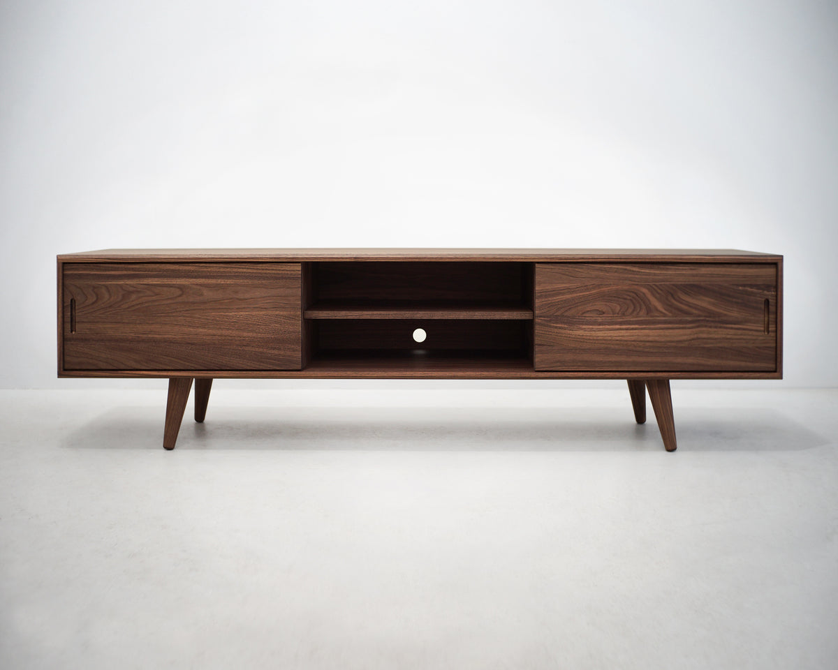 Solid Black Walnut Beveled Edge TV Stand with a Center Shelf