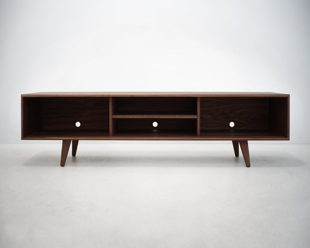 Solid Black Walnut Beveled Edge TV Stand with a Center Shelf
