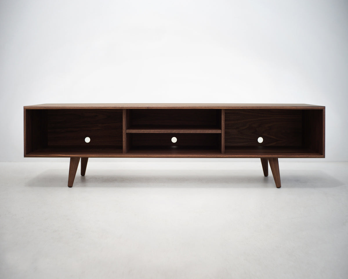 Solid Black Walnut Beveled Edge TV Stand with a Center Shelf