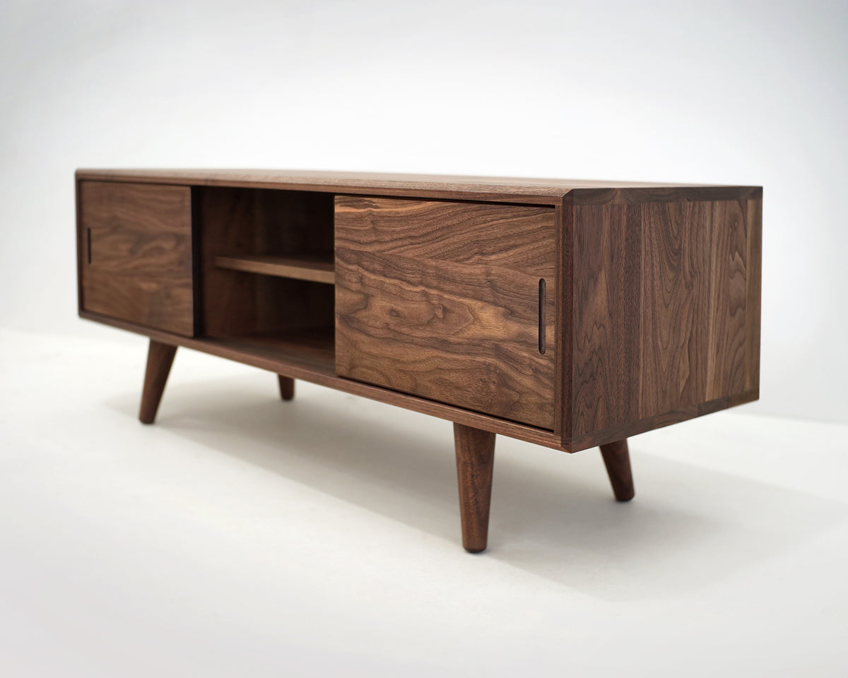 Solid Black Walnut Beveled Edge TV Stand with a Center Shelf
