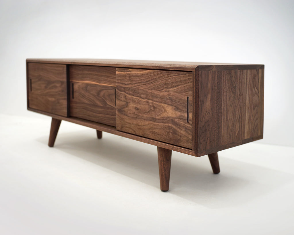 Solid Black Walnut Beveled Edge TV Stand with a Center Shelf
