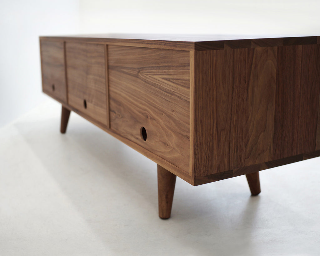 Solid Black Walnut Beveled Edge TV Stand with a Center Shelf