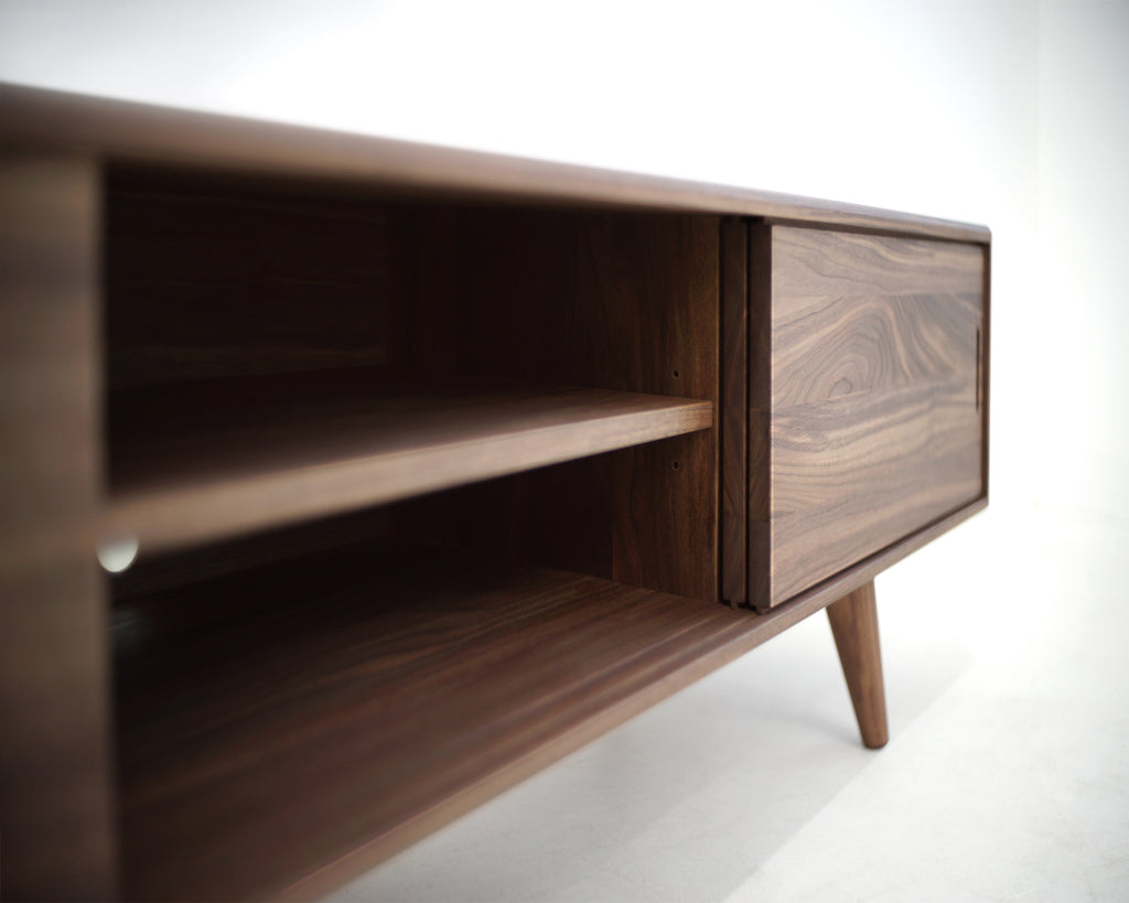 Solid Black Walnut Beveled Edge TV Stand with a Center Shelf