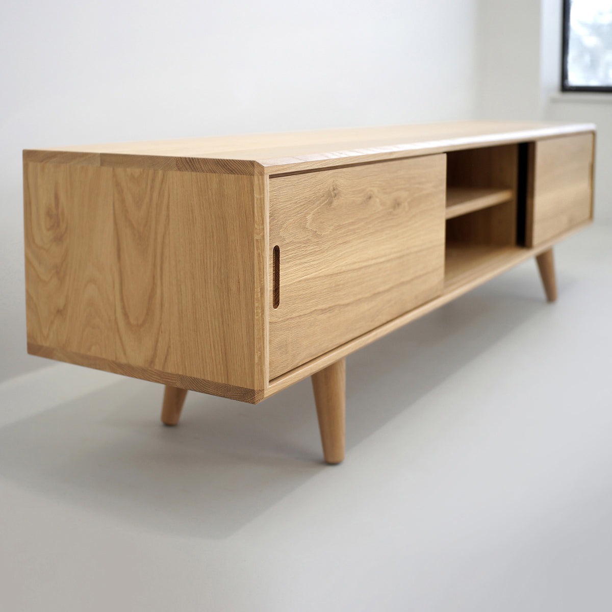 Solid White Oak TV Stand with a Center Shelf
