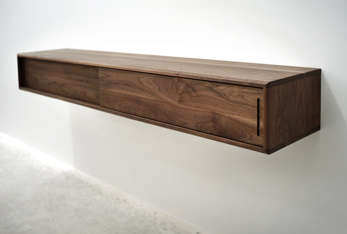 Solid Black Walnut Floating Media Console Cabinet with Two Compartments
