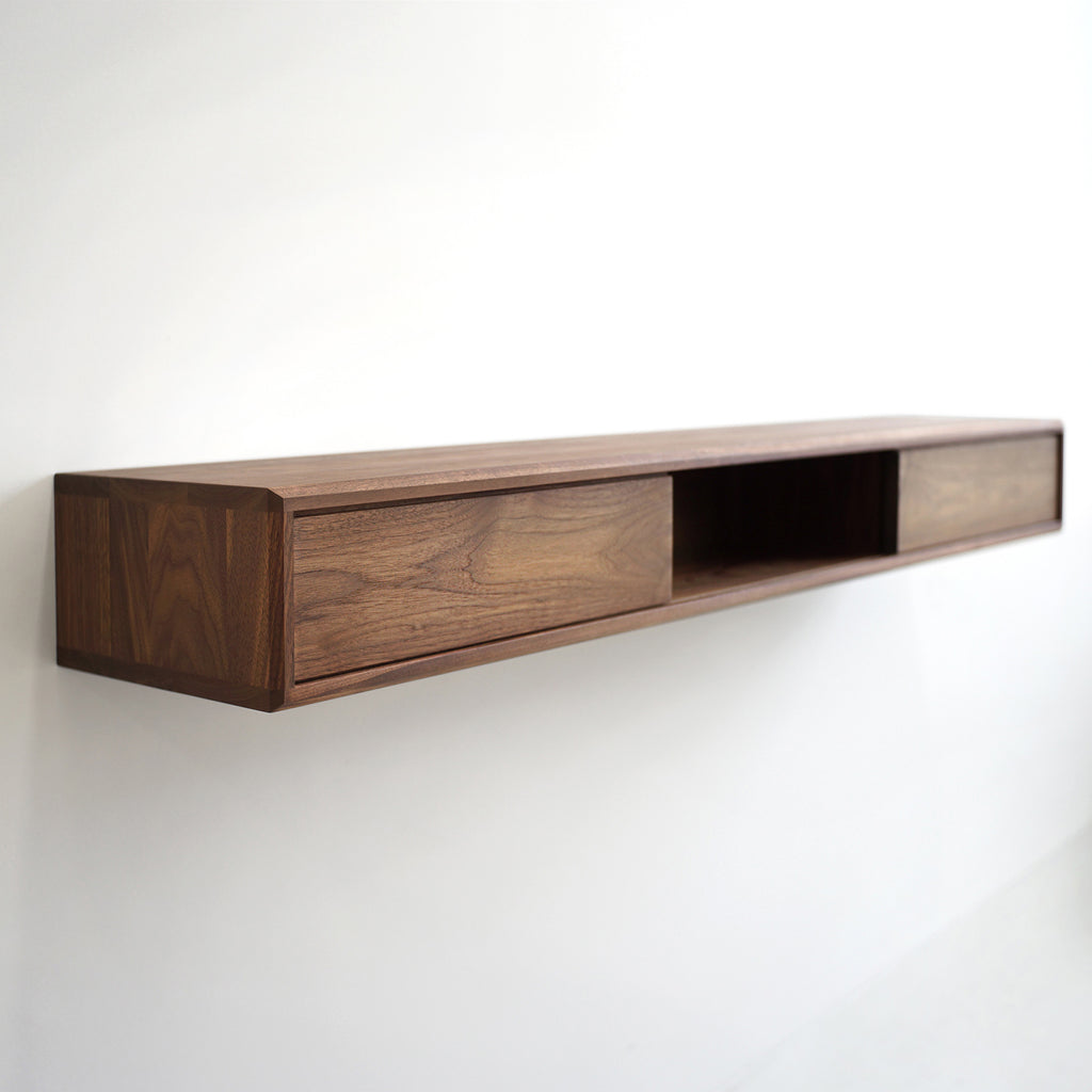 Solid Black Walnut Floating Media Console Cabinet with Three Compartments