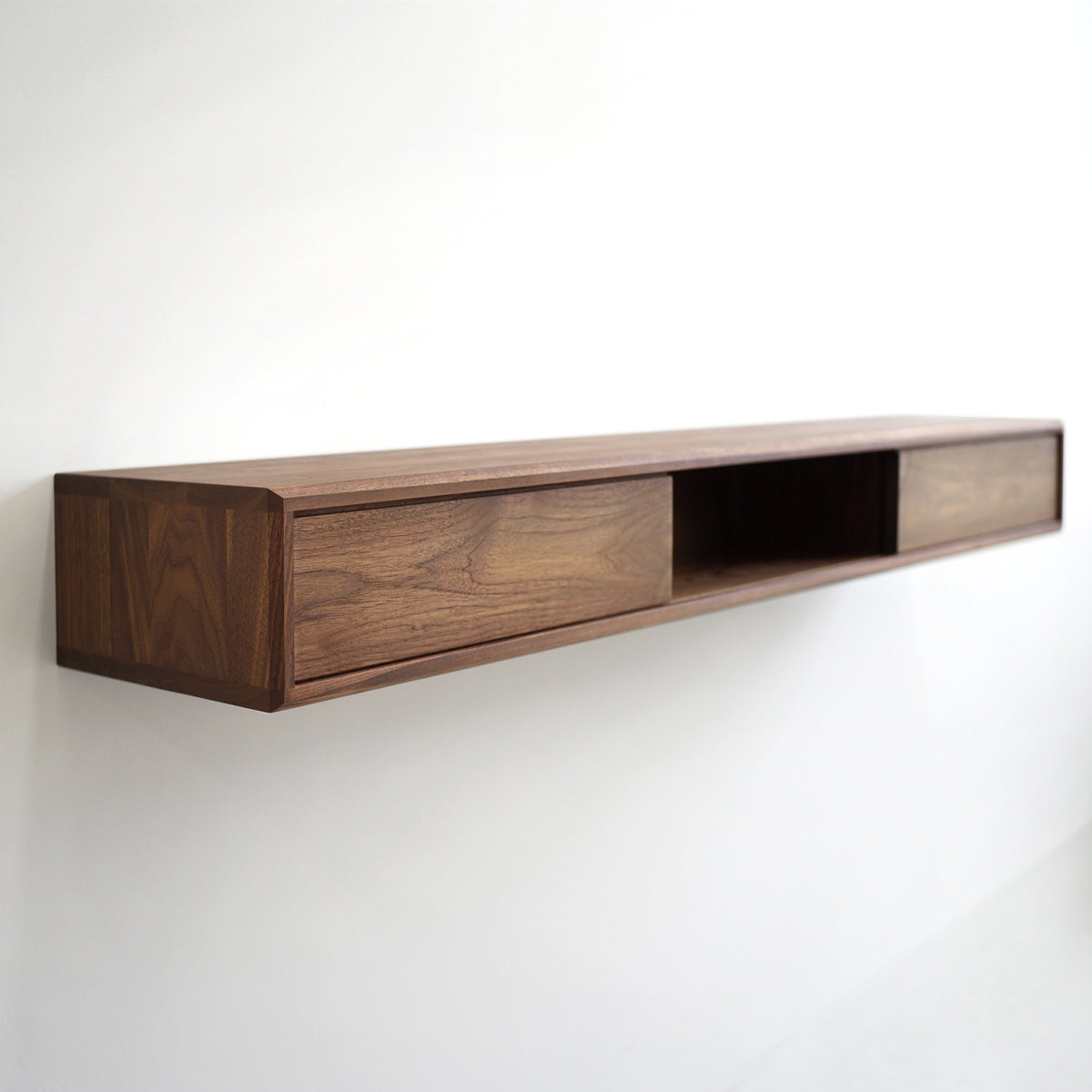 Solid Black Walnut Floating Media Console Cabinet with Three Compartments