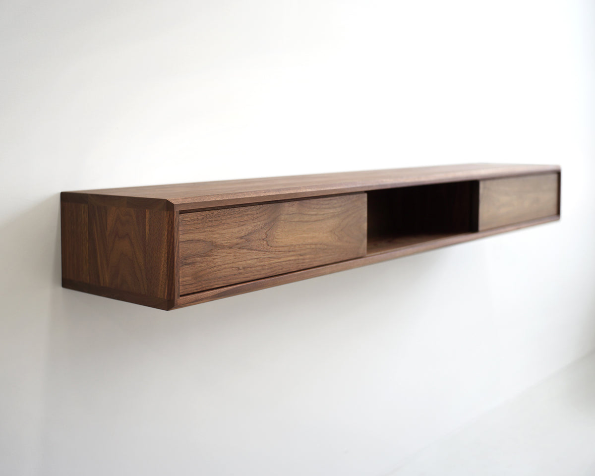 Solid Black Walnut Floating Media Console Cabinet with Three Compartments