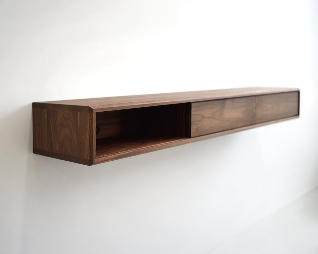 Solid Black Walnut Floating Media Console Cabinet with Three Compartments