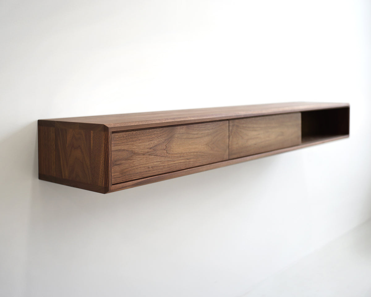 Solid Black Walnut Floating Media Console Cabinet with Three Compartments