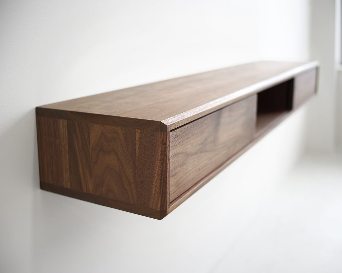 Solid Black Walnut Floating Media Console Cabinet with Three Compartments