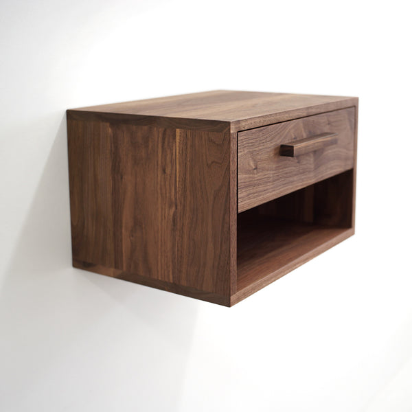 Solid Black Walnut Floating Nightstand with Upper Drawer and Open Cubby