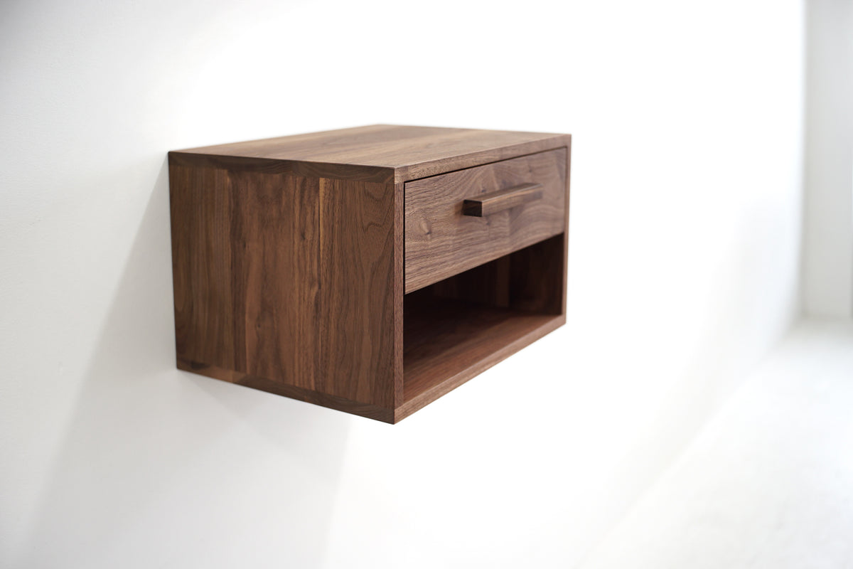 Solid Black Walnut Floating Nightstand with Upper Drawer and Open Cubby