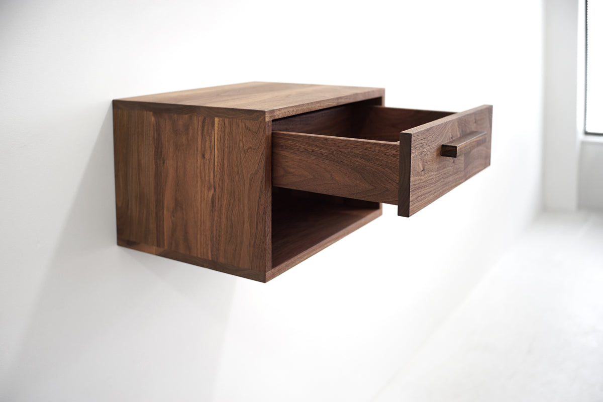 Solid Black Walnut Floating Nightstand with Upper Drawer and Open Cubby