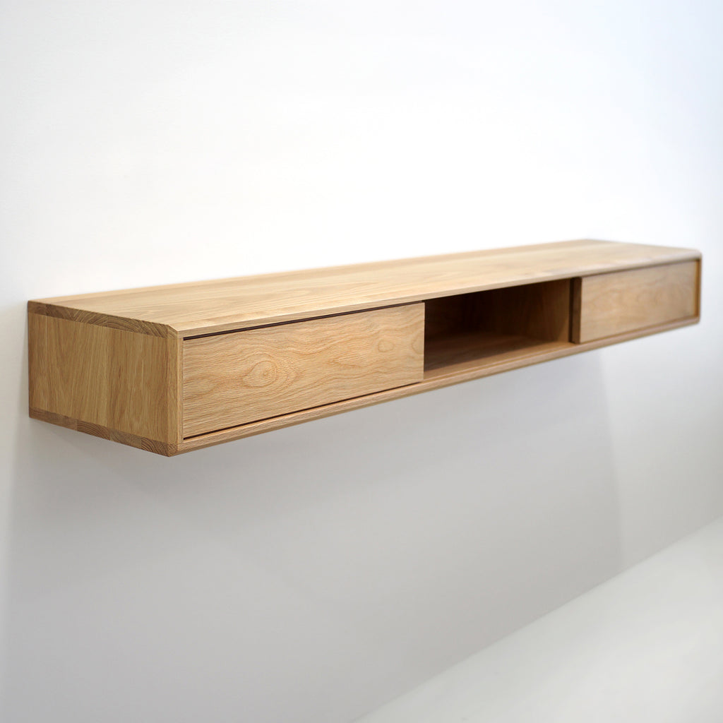 Solid White Oak Floating Media Console with Three Compartments