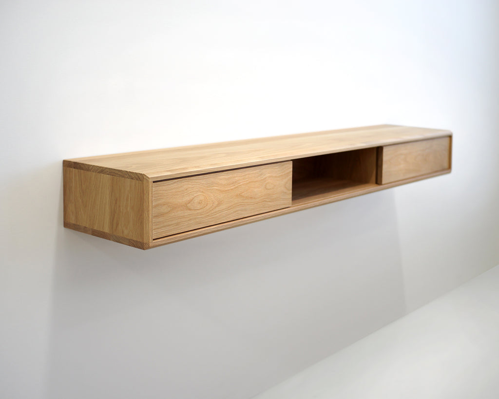 Solid White Oak Floating Media Console with Three Compartments