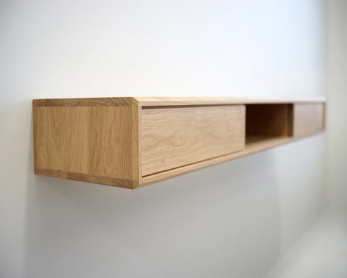 Solid White Oak Floating Media Console with Three Compartments