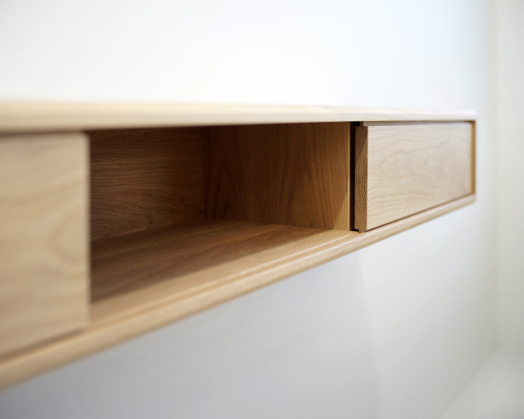 Solid White Oak Floating Media Console with Three Compartments