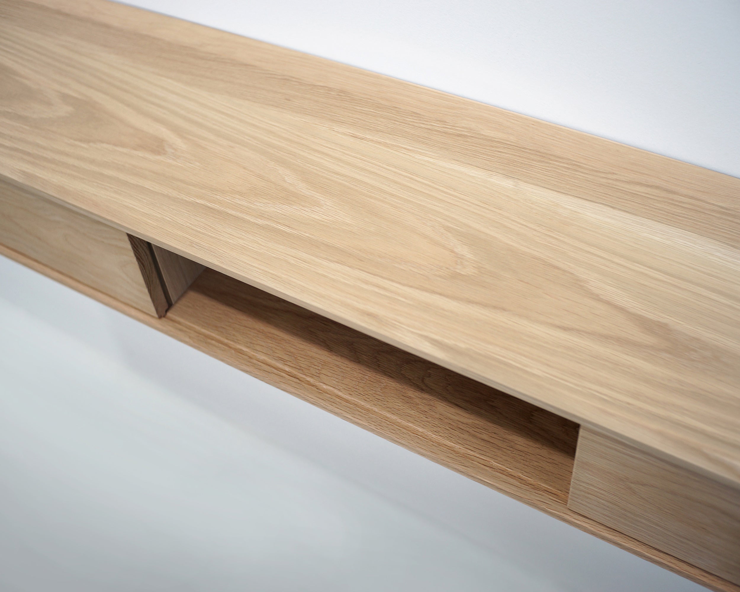 Solid White Oak Floating Media Console with Three Compartments