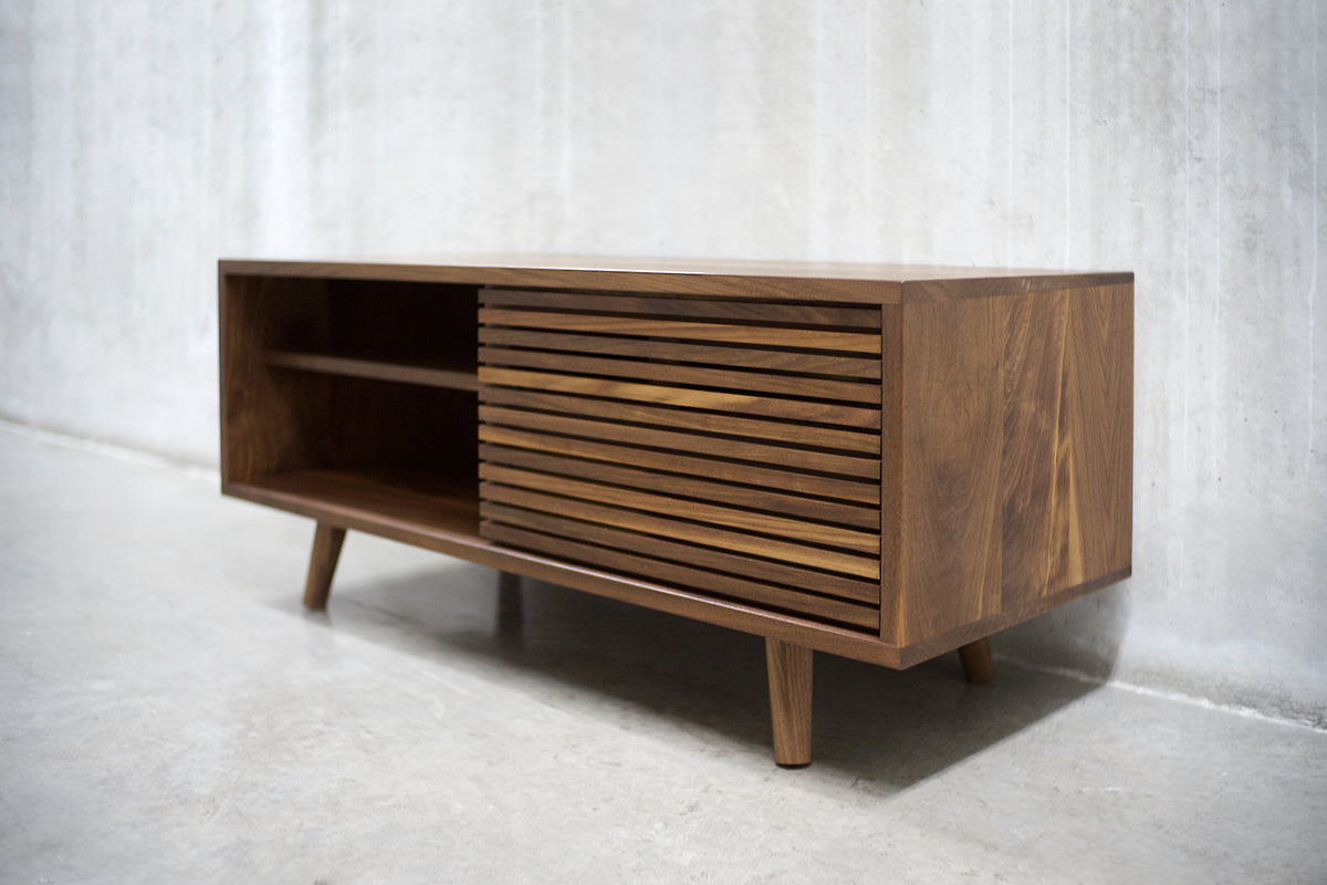 Solid Black Walnut Media Credenza with Two Slatted Doors