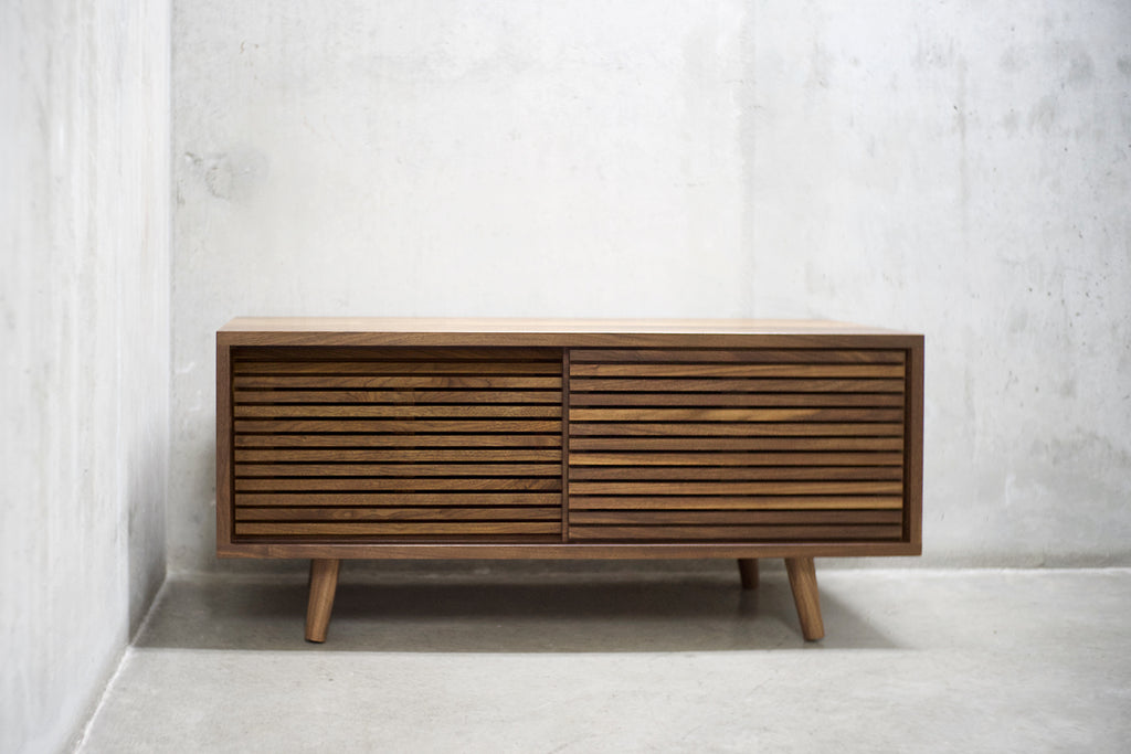 Solid Black Walnut Media Credenza with Two Slatted Doors