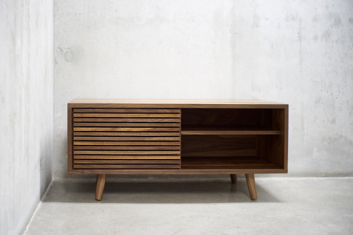 Solid Black Walnut Media Credenza with Two Slatted Doors