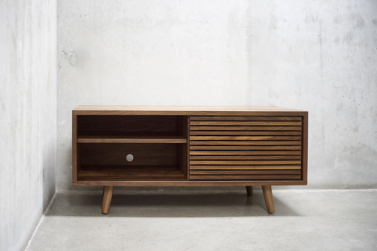Solid Black Walnut Media Credenza with Two Slatted Doors